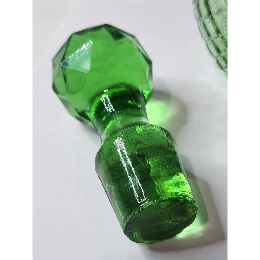 Vintage Small Green Decanter Cologne Bottle with Stopper Metal Collar Cut Glass